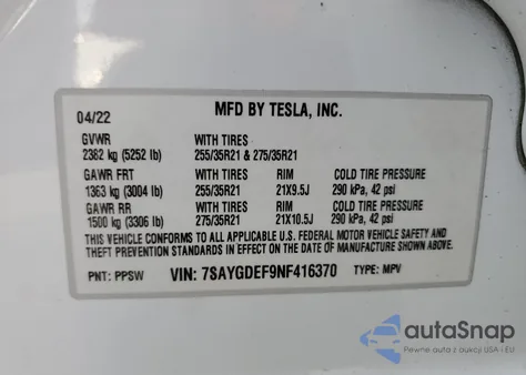 2022 Tesla Model Y z USA, uszkodzony, nr VIN 7SAYGDEF9NF416370